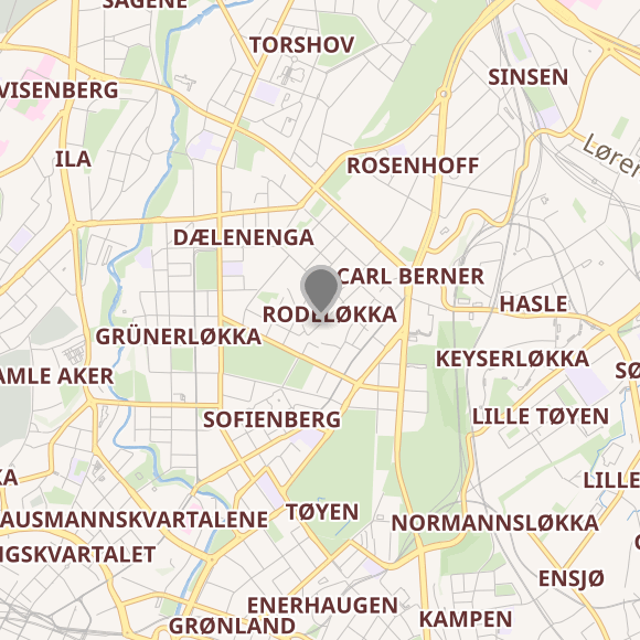A map, zoomed into the area of Oslo where Rodeløkka exists, which is between Grünerløkka and Carl Berner.